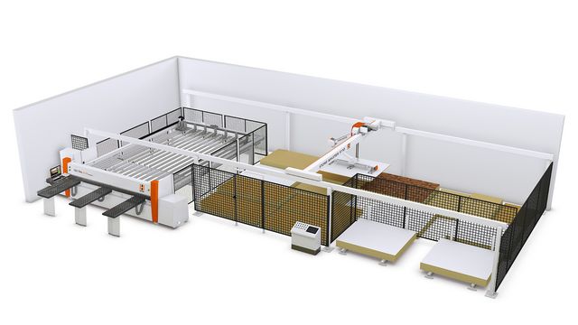Plate storage system loaded with pressure beam saw - the entry-level version for the trades Plate storage STORE-MASTER by HOLZHER with TECTRA panel saw
